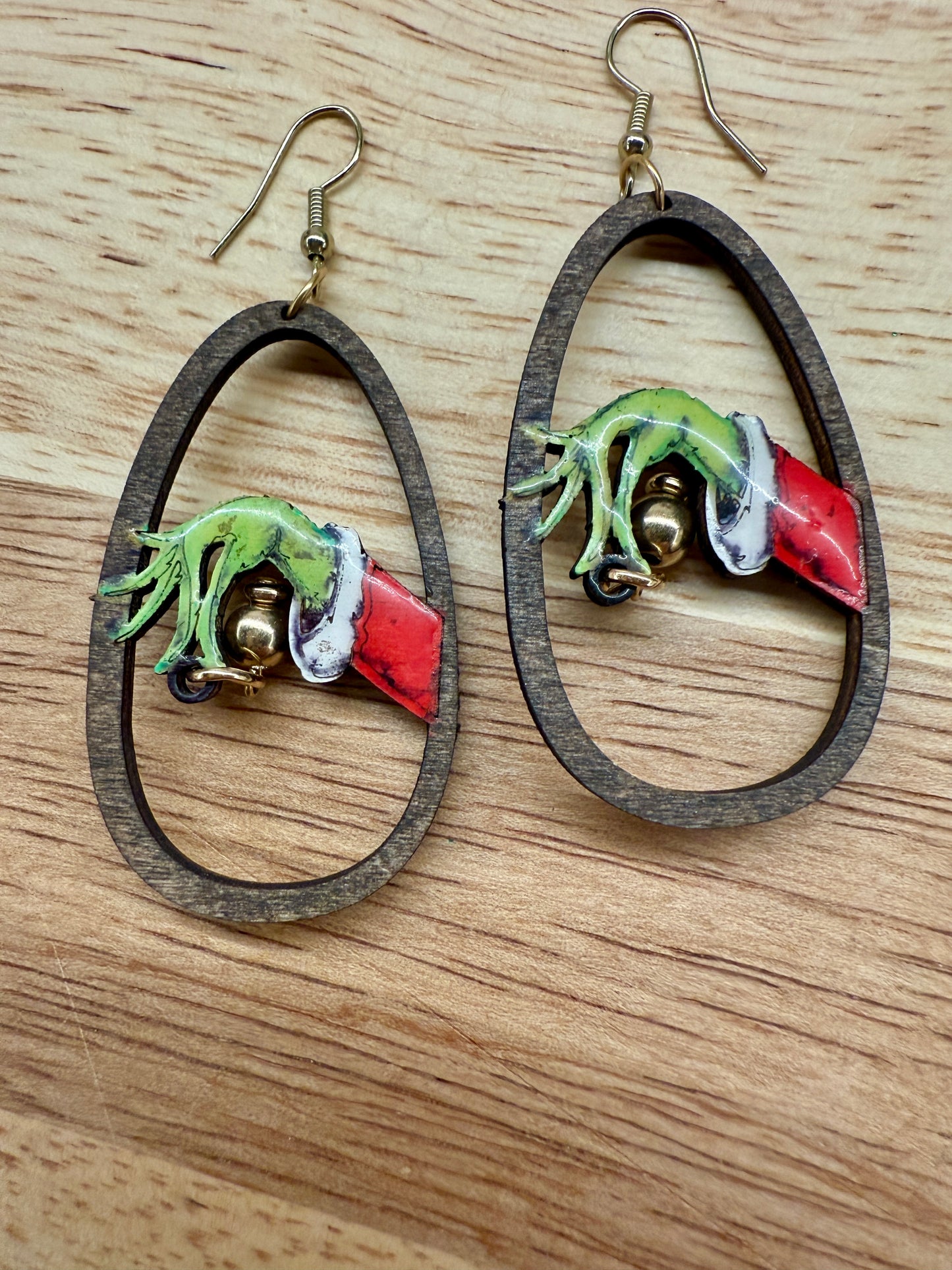 Grinch Christmas Earrings – Hand-Painted, Laser Cut Wooden Holiday Earrings