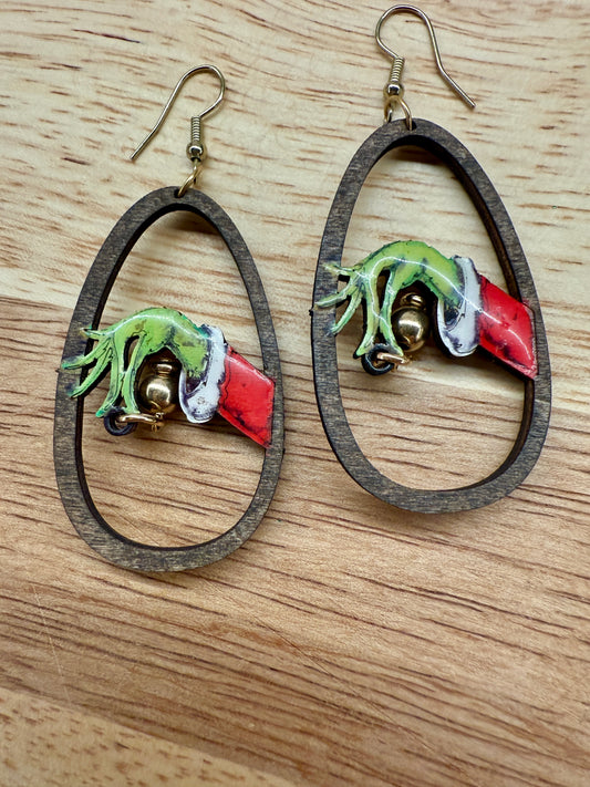 Grinch Christmas Earrings – Hand-Painted, Laser Cut Wooden Holiday Earrings