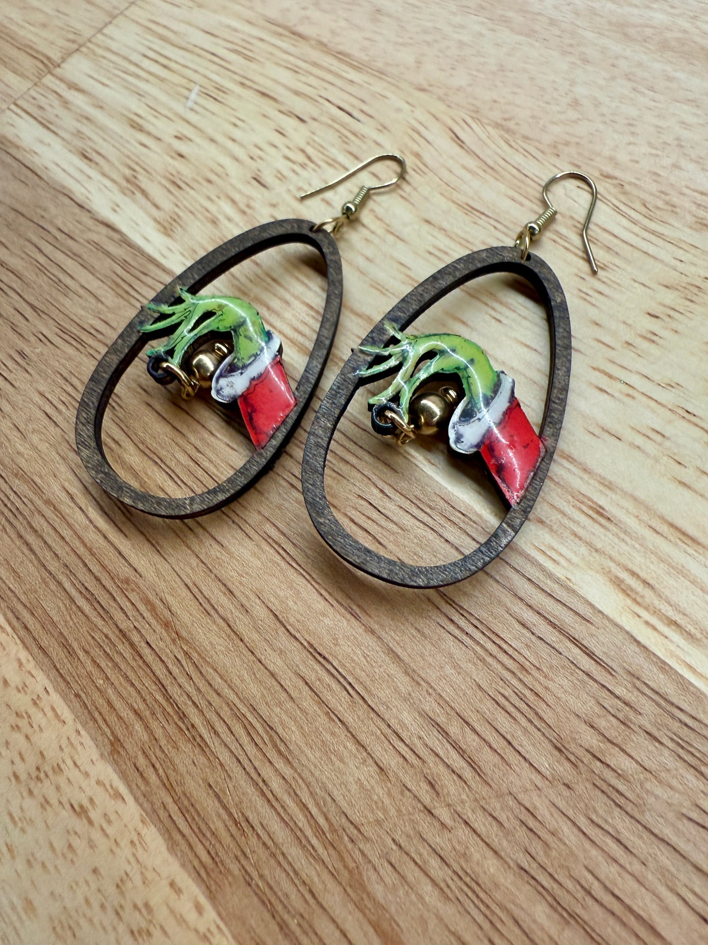 Grinch Christmas Earrings – Hand-Painted, Laser Cut Wooden Holiday Earrings
