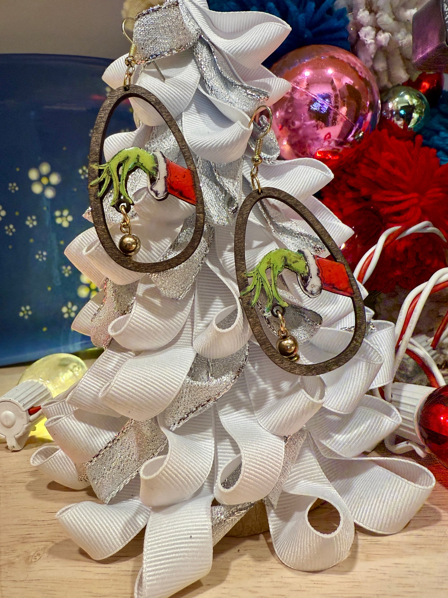 Grinch Christmas Earrings – Hand-Painted, Laser Cut Wooden Holiday Earrings